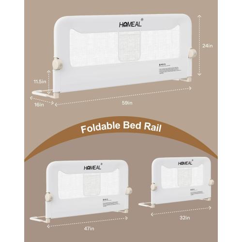 HOMEAL 59in Foldable Toddler Bed Rails, Bed Rail for Toddlers with U-Shape Base, Baby Bed Rail Guard for Twin, Full, Queen, King Beds, Bed Rail for Baby, White