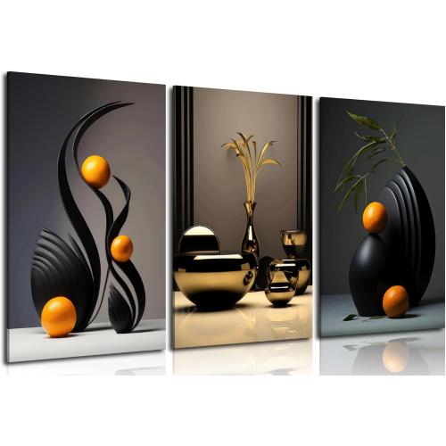 Framed Black Abstract Canvas Wall Art Three-Dimensional Sculpture Ceramic Wall Deco Pictures Modern Still Lifes orange Black Shape Posters Prints for Living Room Bedroom Bathroom Home Decoration