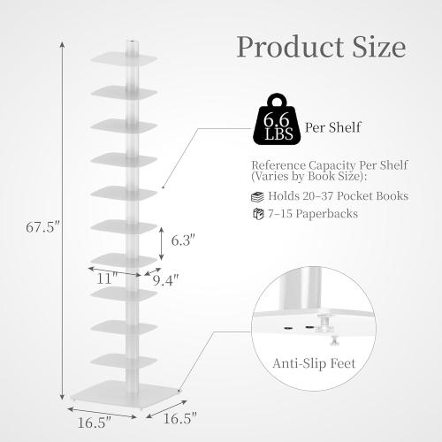 Suchtale 11-Tier Spine Bookshelf, Tall Slim Vertical Book Tower, White | Narrow Design Maximizes Vertical Storage in Small Spaces. Adjustable Shelf Directions Fit Living Rooms, Bedrooms and Offices.