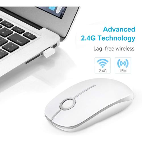 Vssoplor Wireless Mouse, 2.4G Slim Portable Computer Laptop Mouse with Nano Receiver Quiet Silent Optical Mice for Notebook, PC, Laptop, Computer-White and Silver