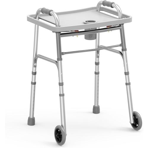 Lumex.  Eligible Folding Walker with Tray, 5 Wheels Lightweight Walkers for Seniors and Adults, Supports Up to 350 Pounds, Adjustable Height, Compact Standard Walker, Silver