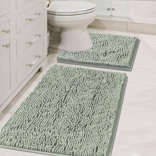 H.VERSAILTEX Original Luxury Chenille Bathroom Rug Mat (32 x 20/20 x 20), Extra Soft & Absorbent Shaggy Rugs, Machine Wash/Dry, Perfect Plush Carpet Mats for Tub (Curved Set, Sage)
