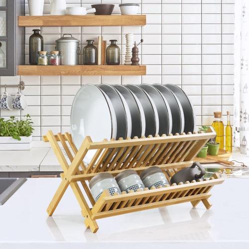 KKTONER Bamboo Dish Drying Rack 2 Tier Foldable Plate Organizer Collapsible Plate Organizer Holder for Kitchen Countertop (Natural)