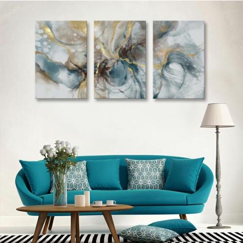 Turquoise and Gold Canvas Print Abstract Wall Art Watercolor Painting Marble Vortex Picture for Living Room Bedroom Kitchen Home Office Decor