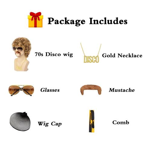 Disco Wig 5Pcs Set (Wig  Glasses  Necklace  Mustache  Wig Cap) 70'S Costumes Wig Afro Wig Men Short Curly Natural Fluffy Synthetic hair Wig for Halloween Disco Party