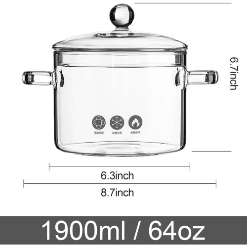 Clear Glass Pot, Cooking Pot with Lid and Handle, Clear Saucepan, Resistant Borosilicate Pot, Glass Saucepan for Cooking On Stove, Stovetop Simmer Pot (1.9L/64oz)