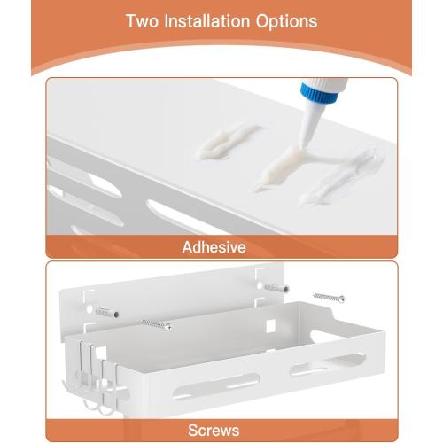 Paper Towel Holder Wall Mount with Shelf, Easy One Hand Tear, Adhesive Glue or Drill Mount Hanging Paper Towel Holder with Shelf for Kitchen/Bathroom/RV, White Metal, 4 Hooks