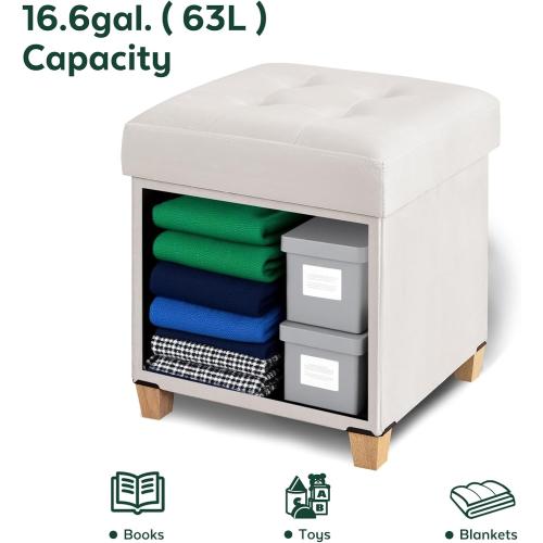 Ottoman with Storage, Square Storage Ottoman for Dorm, Velvet Ottomans with Legs for Living Room, Bedroom, 17.7 D x 17.7 W x 19.9 H, Cream White