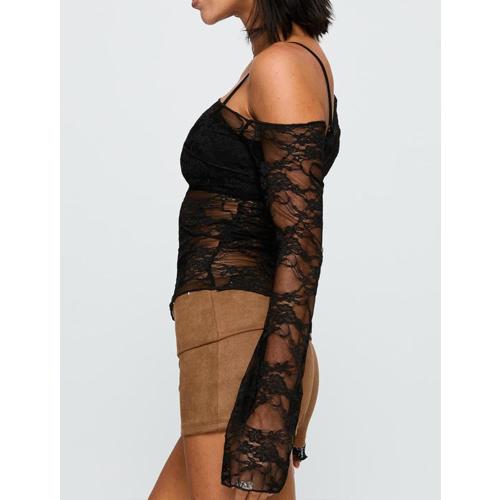 Womens Off The Shoulder Tops Lace Mesh Long Sleeve size M