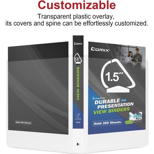Comix Sturdy 1.5 Inch D-Ring Binders, 1.5'' 3 Ring Binder with Clear View Cover, 1-1/2 Inch Rings Holds 350 Sheets of 8.5 x 11 Paper, 6 Packs (White)