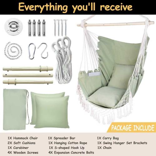 Hammock Chair Hanging Rope Swing Chair,Max 450 Lbs, Large Hanging Chair with Pocket, 2 Cushions, Steel Bar with Anti-Slip Rings, Hardware Kit Included, Comfortable for Indoor Outdoor (Green)