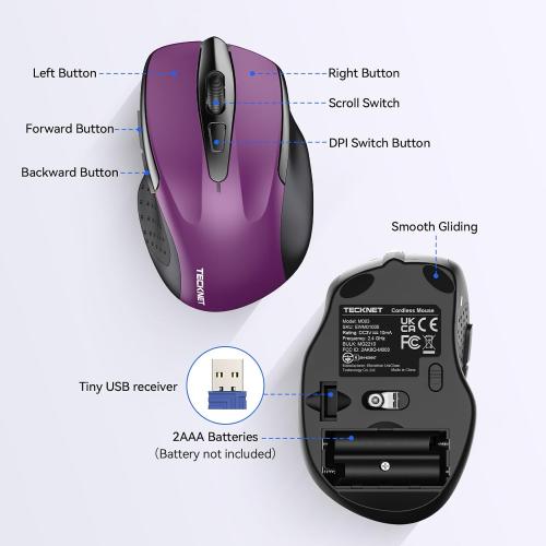 TECKNET Wireless Mouse, 2.4G Ergonomic Optical Mouse, Computer Mouse for Laptop, PC, Computer, Chromebook, Notebook, 6 Buttons, 24 Months Battery Life, 2600 DPI, 5 Adjustment Levels