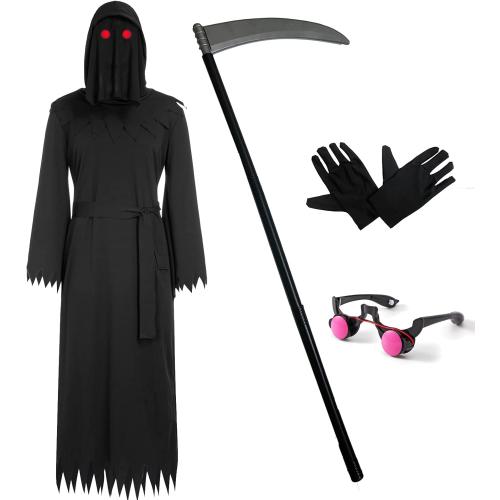 Size 10-12 years... Colorful House Grim Reaper Costume for Boys, 7-Piece Halloween Set, Death Reaper Costume