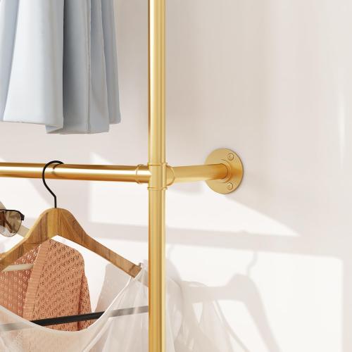 ORSENIGO Industrial Pipe Clothing Rack, Heavy Duty Metal Clothes Rack with Double Rods for Hanging Clothes, Wall Mount Space-Saving Garment Display Rack (Single, Gold)