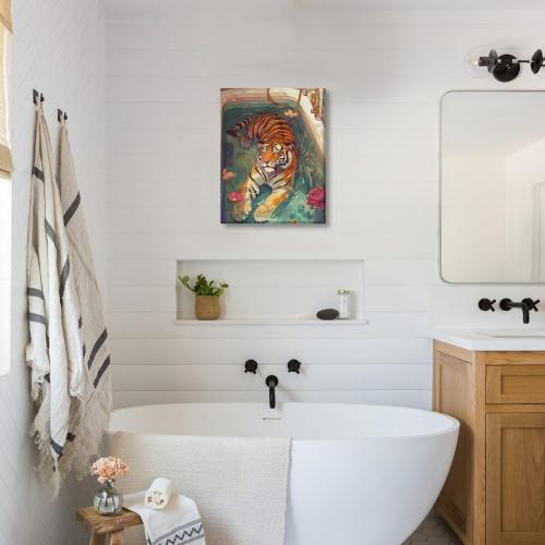 Vintage Whimsical Minimalism Animal Bathroom Art Tiger In Bathtub Poster Canvas Wall Art Living Room Aesthetic Home Decor Bedroom Decoration Gift Posters Unframed12x16inch