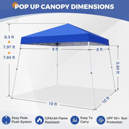 COOS BAY 10x10 Pop Up Canopy Tent, Portable Outdoor Shelter with Carry Bag for Tailgate, Party, Beach, Picnic, and Camping, 10x10 Base 8x8 Top, Blue