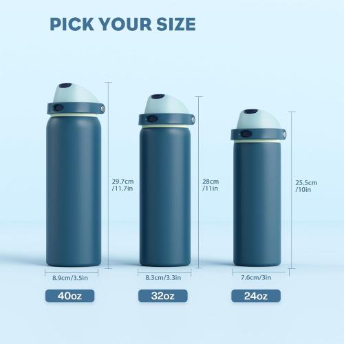 POWCAN 24 oz Insulated Stainless Steel Water Bottle: 2-in-1 Push-Button Spout & Quick-Flip Straw, Leakproof, Cold 24 Hrs, Fits Car Cupholder, Reusable Metal Bottle for Sports, School Gift (Denim Blue)