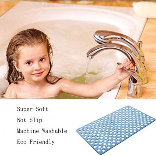 Blue Nonslip Bathtub Mat Extra Soft TPE Bath Mat for Kids, Machine Washable Bathroom Shower Mat, Smooth/Non-Textured Tubs Only, 30L x 17W Inch