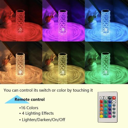 Portable Crystal Table Lamp, 16-Color Touch Control Rechargeable Night Light, Bedside Desk Lamp for Bedroom, Living Room, Kitchen & Dining Room (16-Color Rose)