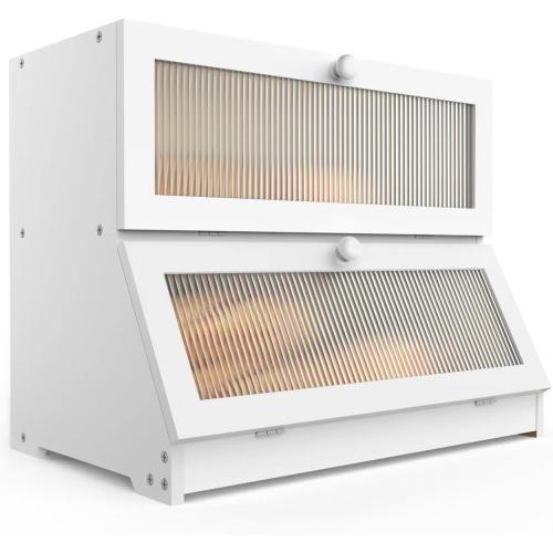 LOHASOK Bread Box for Kitchen Countertop,White | 2-layer, Bamboo, Large, Farmhouse Bread Container Holder Storage, Acrylic translucent window