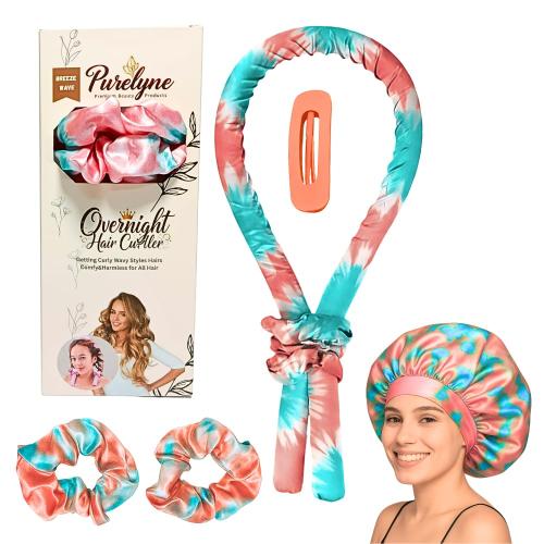 Heatless Hair Curler | 5PC No Heat Curling Rod Headband | With Satin Bonnet, Curler, 2 Scrunchies & Claw Clip Set | Curl Kit for Women & Girls (Cotton Candy, Medium)