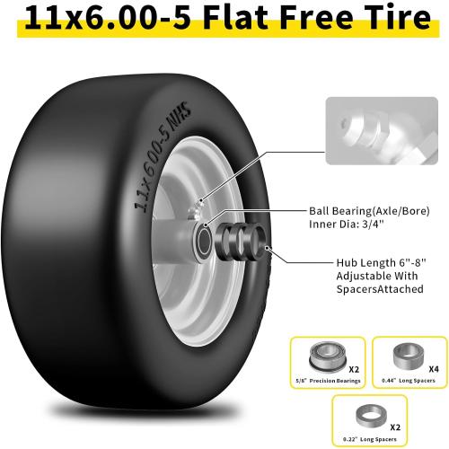 11x6.00-5 Flat Free Tires, Zero Turn Mower Front Tires, 11x6-5 Solid Mower Wheel for Residential and Commercial, With 5/8 and 3/4Bearing, 6- 8 Center Hub, 2Pack Gray, Load 400lbs