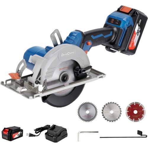 DongCheng 20V Max Cordless Circular Saw, with 3 Blades(5''), Brushless, 6700 RPM, Compact Hand Saw Max Cutting Depth1-3/4(90°), 1-3/10'' (45°), Including 4.0Ah Battery, Charger and Carry Bag