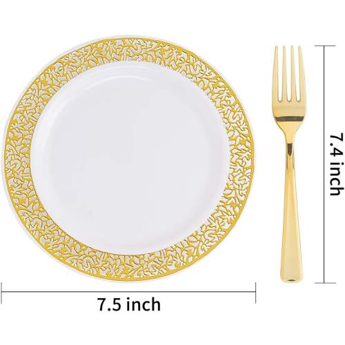 WDF 100pcs Gold Dessert Plates 7.5 with 100 Pieces Disposable Forks 7.4, Lace Design Fancy Appetizer Small Salad and Cake Plates for Thanksgiving Party/Weeding