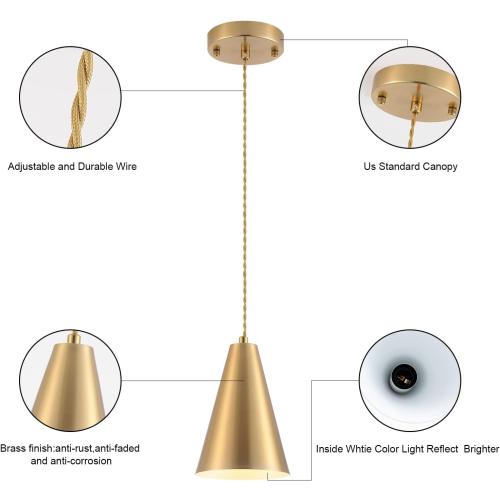 Gold Pendant Lights Kitchen Island,Dining Room Light Fixtures Over Table 3 Pack with Brushed Brass Cone Metal Shade, Modern Farmhouse Mini Chandeliers,Adjustable Cord Hanging Lighting for Bar,Sink