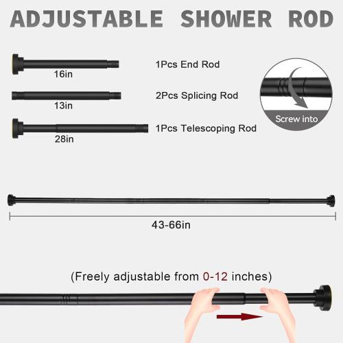Thestoa Shower Curtain Rod Adjustable 43-66 inch, 1Diameter Spring Tension Curtain Rod No Drill, Anti-Rust Non-Slip Shower Rod, Black Shower Curtain Rod for Bathroom Tension