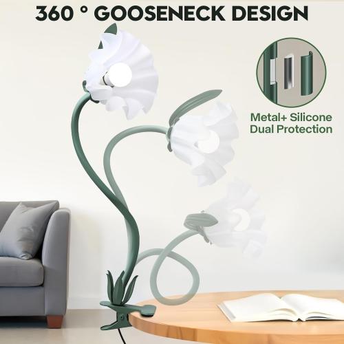 ONXE Clip On Light and Flower Desk Lamp, Flexible Gooseneck Reading Book Light with 3 Color Modes Cute Table Lamp Decor, Clip on Bedside Lamp for Bed Headboard,Table, Nursery,Dorm (Green-02)