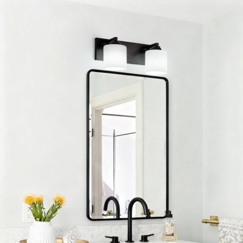 mirrea 2-Light Black Bathroom Vanity Light with White Glass Shades | Over Mirror,Wall Sconce,ETL listed,Bathroom Lighting Fixtures,Elegant Design,Milk White Glass Shade,Easy Installation