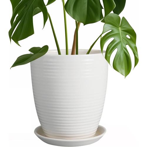 8 Inch Ceramic Planter Pot Round Plant Pot with Drainage Hole and Saucer Modern Flower Pot for Indoor Outdoor Plants White