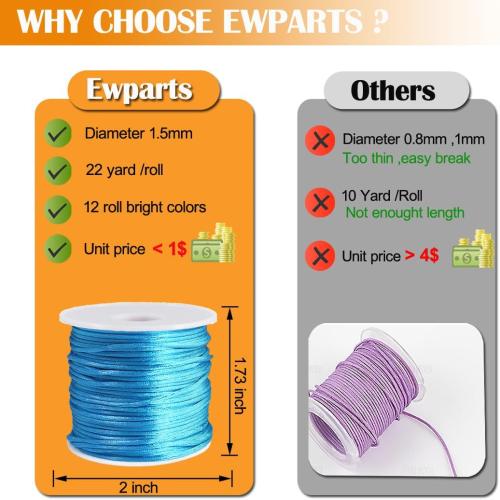 Ewparts 15 Rolls Satin Nylon String for Bracelets Making 1.5mm Satin Rattail Cord for Beading, Kumihimo,Necklace,Macrame Craft, Keychains Lanyards, Jewelry Making,Bracelet Silk String