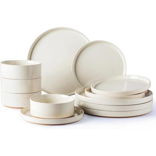 AmorArc Ceramic Dinnerware Set for 4 | Speckled Stoneware Plates and Bowls with unglazed terracotta | Scratch Resistant, Dishwasher & Microwave Safe Dishes Sets- 12-Pcs Beige