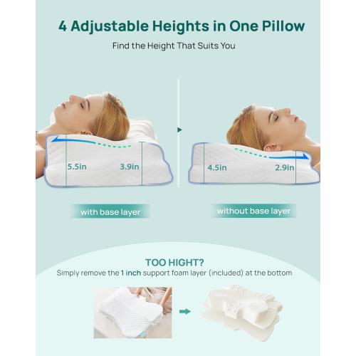 Releep Adjustable Cervical Neck Pillow, Cooling Orthopedic Ergonomic Contour Pillow, Memory Foam Neck Pillows for Back Stomach Sleeper, White Color