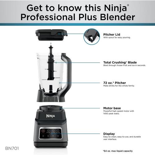 Used Ninja BN701 Professional Plus Blender, 1400 Peak Watts, 3 Functions for Smoothies, Frozen Drinks & Ice Cream with Auto IQ, 72-oz.* Total Crushing Pitcher & Lid, Dark Grey