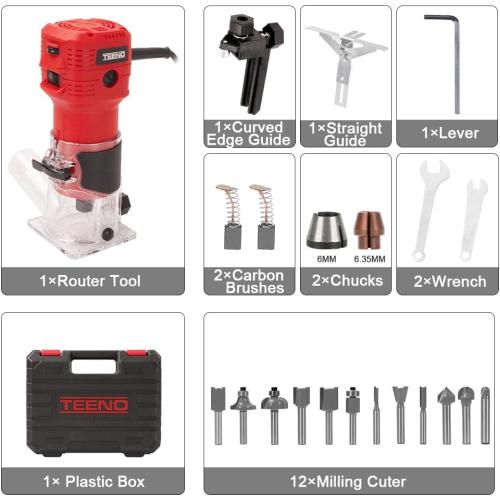 TEENO Wood Router, 650W Compact Router Tool for Woodworking, Hand Wood Trimmer with 12Pcs 1/4 Bits Set, 6 Speeds, Edge & Roller Guide, Portable Tool Box, Dust Hood
