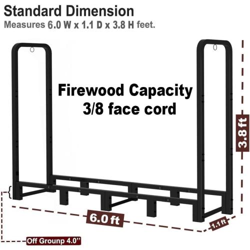 Firewood Rack Stand 6ft Heavy Duty Logs Carrier Holder for Outdoor Indoor Fireplace, Matte Black