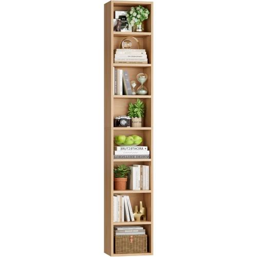 FOTOSOK 8-Tier Media Tower Rack, 11.6 X 9.3 X 71 Inches CD DVD Slim Storage Cabinet with Adjustable Shelves, Tall Narrow Bookcase Display Bookshelf for Home Office, Natural