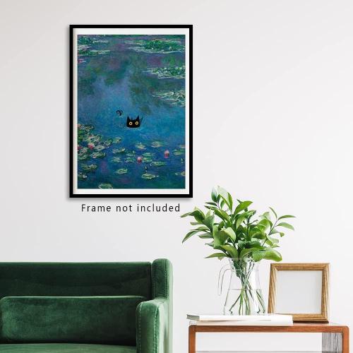 Vintage Monet Canvas Wall Art Famous Oil Paintings Monets Water Lillies Black Cat Poster Funny Cat Floral Print Abstract Farmhouse Gallery Aesthetic Room Decor for Bedroom Bathroom Unframed