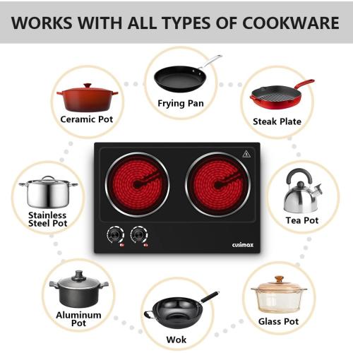 CUSIMAX Double Burner, 1800W Ceramic Electric Hot Plate for Cooking, Dual Control Infrared Cooktop, Portable Countertop Burner, Glass Plate Electric Cooktop, Stainless Steel Black