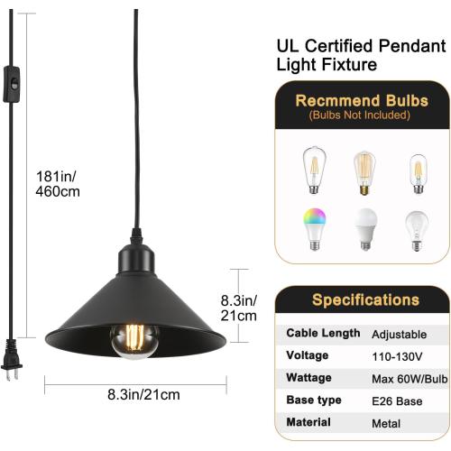 Black Plug in Pendant Light, 2 Pack Industrial Hanging Lamp Black Vintage Pendant Lighting Fixtures with 15ft Cord On/Off Switch for Kitchen Island Dinning Hall Bedroom