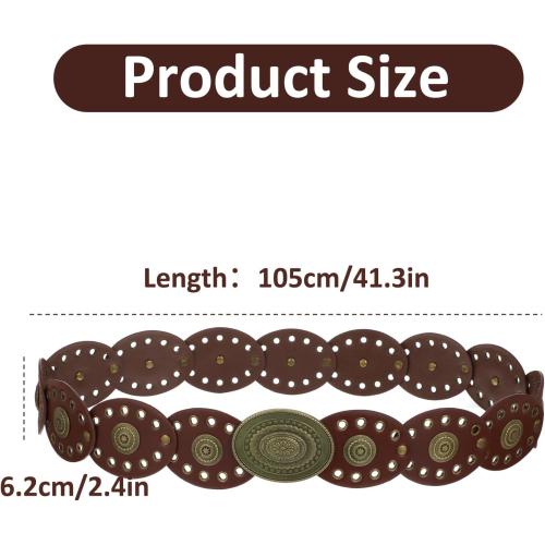 Womens Western Cowgirl Disc Belt, Vintage Wide Cowgirl Leather Oval Belts with Oval Buckle, Boho Leather Hollow Out Round Western Cowboy Cowgirls Waist Belt