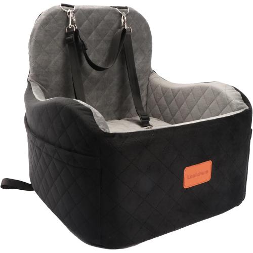 Lealchum Dog Booster Car Seat for Small/Medium Dogs,6in Memory Foam Elevated Cushion,Fully Detachable and Washable,2 Clip-On Safety Leashes,Anti-Slip Base(Black/Grey,Medium)