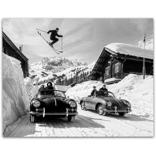 Vintage Ski Jump Black & White Photography: 18x24 Unframed Poster - Skier Jumping over Vintage Cars - Winter Sports Scene for Ski Lodge, Man Cave, Garage, Ski Resort, and Ski Cabin Decor