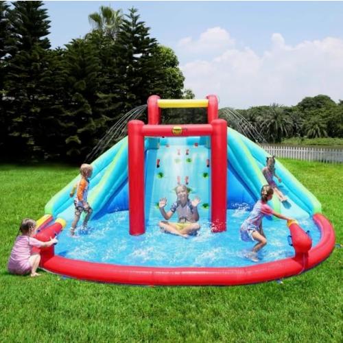 Inflatable Waterfall Aqua Park with Pool and Slides and Cannons. L 14.8' x W 14.4' x H 7.5'