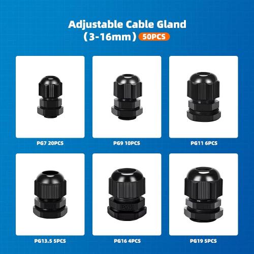 Nylon Cable Gland Kit, CGELE 50 Pack Plastic Waterproof Adjustable Connector 3-16mm Strain Relief Cord Connectors Joints Nylon with Gaskets PG7 PG9 PG11 PG13.5 PG16 PG19