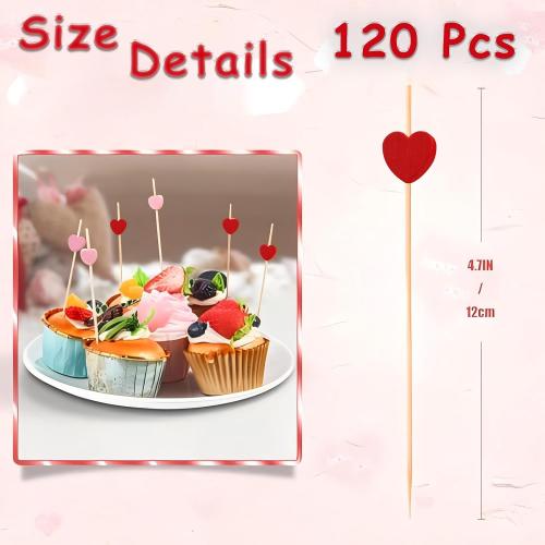 120 PCS Red Love Heart Shaped Cocktail Picks, Toothpicks for Appetizers | 4.7Inch Bamboo Fancy Tooth Picks Cocktail Skewers Sticks Selected for Appetizers, Weddings, Valentines Day