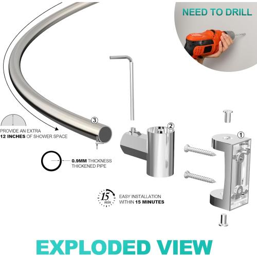 Curved Shower Curtain Rod For Bathroom 38-72 Inches, Adjustable Length, Curved Shower Rod, Metal Rods&Brackets, Round Shower Curtain Rods, Rotate Bracket For Large Shower Space, Need Drilling, Nickle